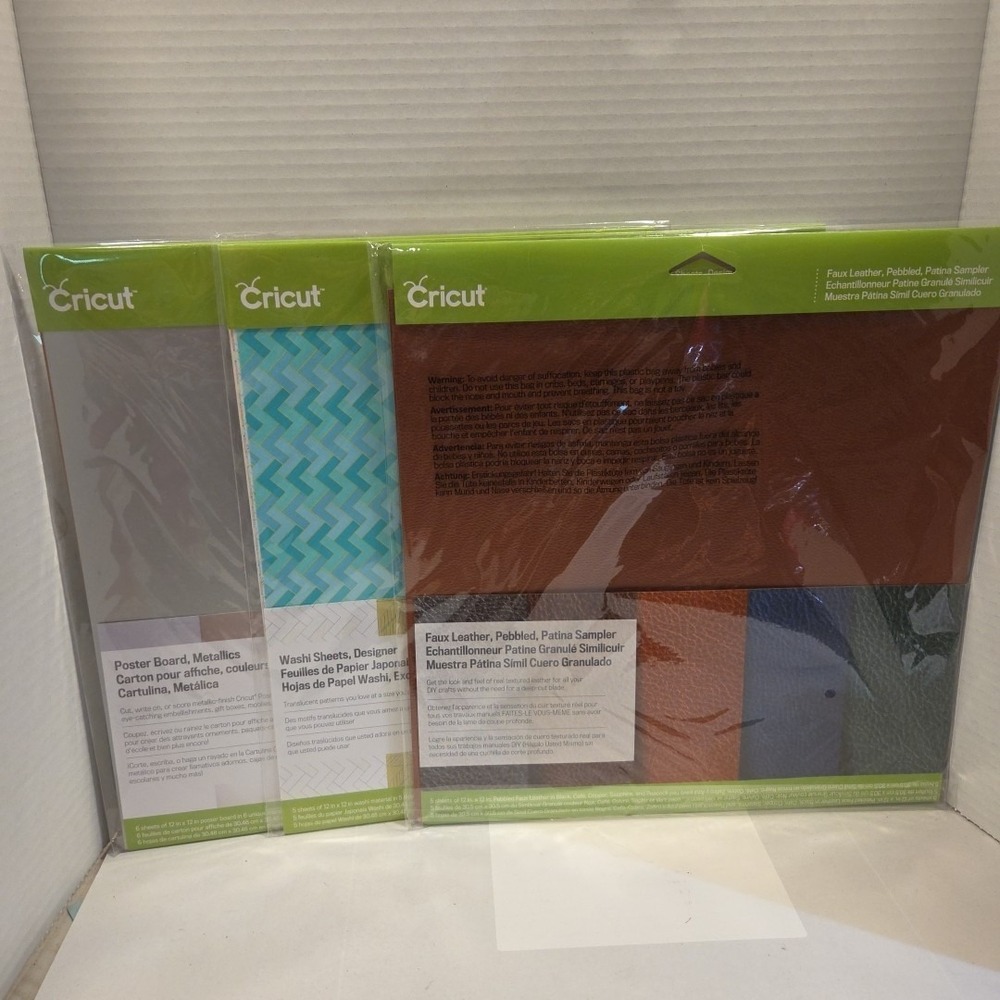 3 Cricut Assorted Sheets Washi, faux leather, Metallic Poster Brd